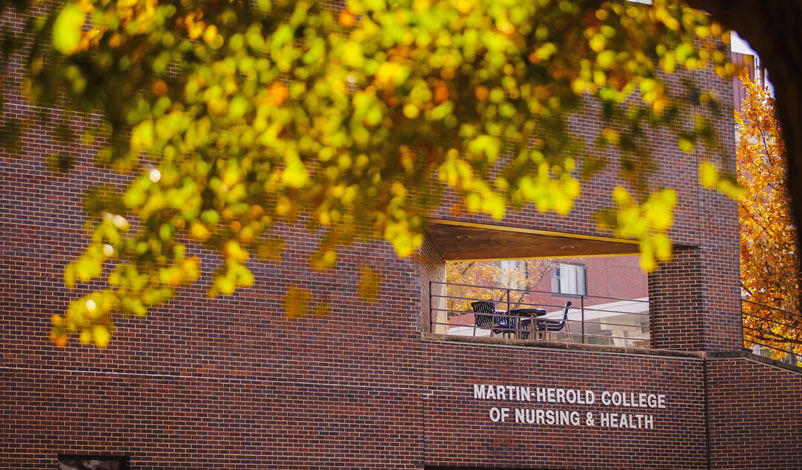 Martin-Herold College of Nursing & Health signage outside of Donnelly Center on Mount Mercy University campus