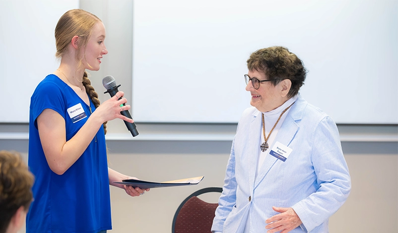 Sister Helen Prejean answers student questions during her "Dead Man Walking" signing event.
